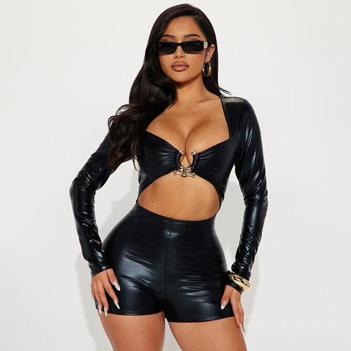 Motorcycle Hollow-Out Navel Sexy Long Sleeve Jumpsuit Leather Soft Womenswear Bodysuit