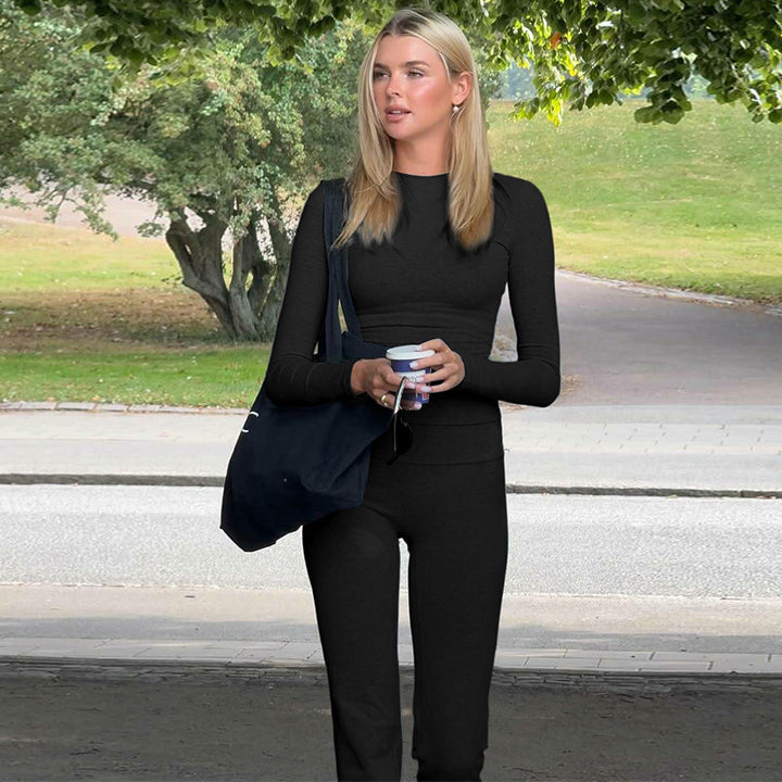 Top met ronde hals en hoge taille bootcut broek