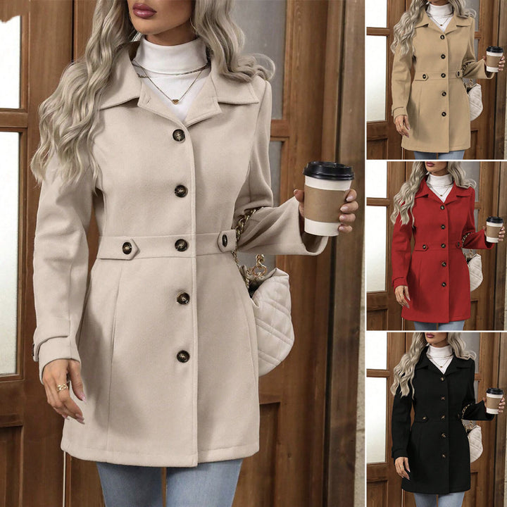Elegant Single-Breasted Woolen Coat – Mid-Length Jacket with Buttons & Lapel for Women