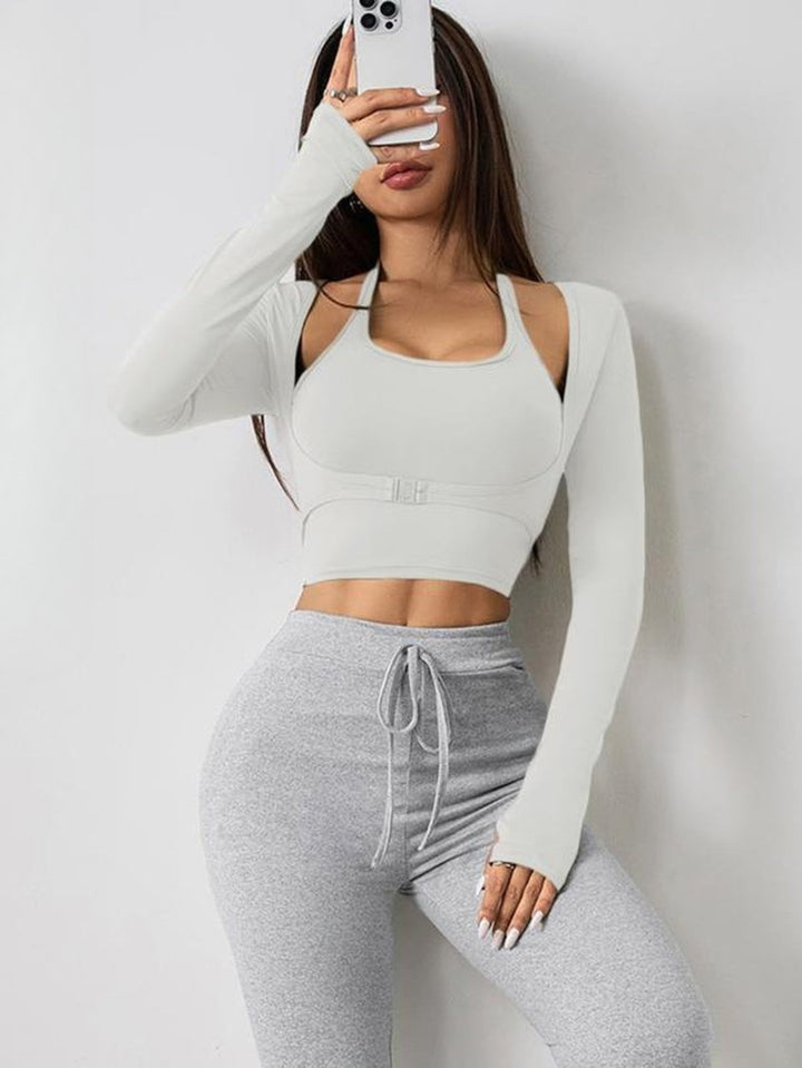 Women'S Solid Color Long Sleeve Thumb Hole Design Halter Neck 2 in 1 Sports Tee for Yoga Gym Workout, Ladies Sportswear for All Seasons