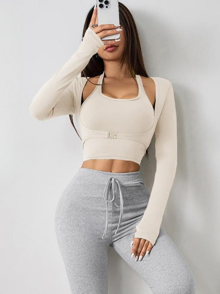 Women'S Solid Color Long Sleeve Thumb Hole Design Halter Neck 2 in 1 Sports Tee for Yoga Gym Workout, Ladies Sportswear for All Seasons