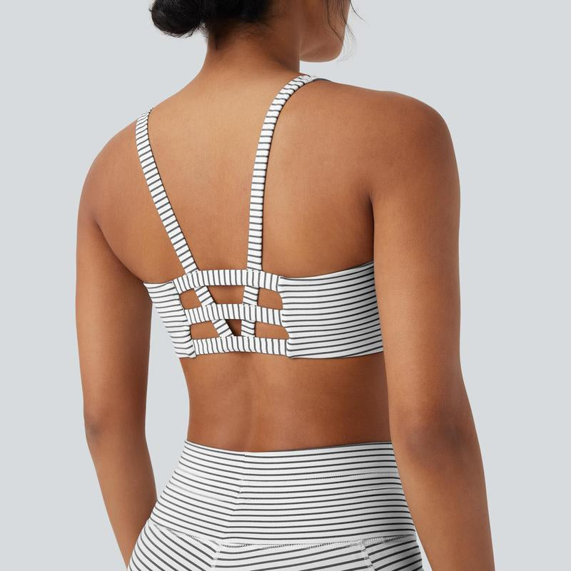 Halara 2-Piece Low Support U Neck Cut Out Stripe Yoga Sports Bra & High Waisted Drawstring Striped Yoga Pants with Pockets Set