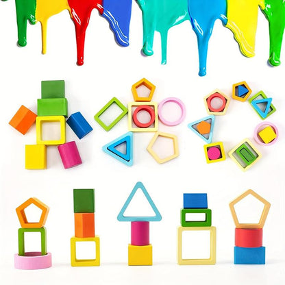 1 Set Color Sorting & Stacking Toy, Wooden Shape Sorter Building Blocks, Colorful Color Recognition Shape Classification Educational Blocks Toy for Kid