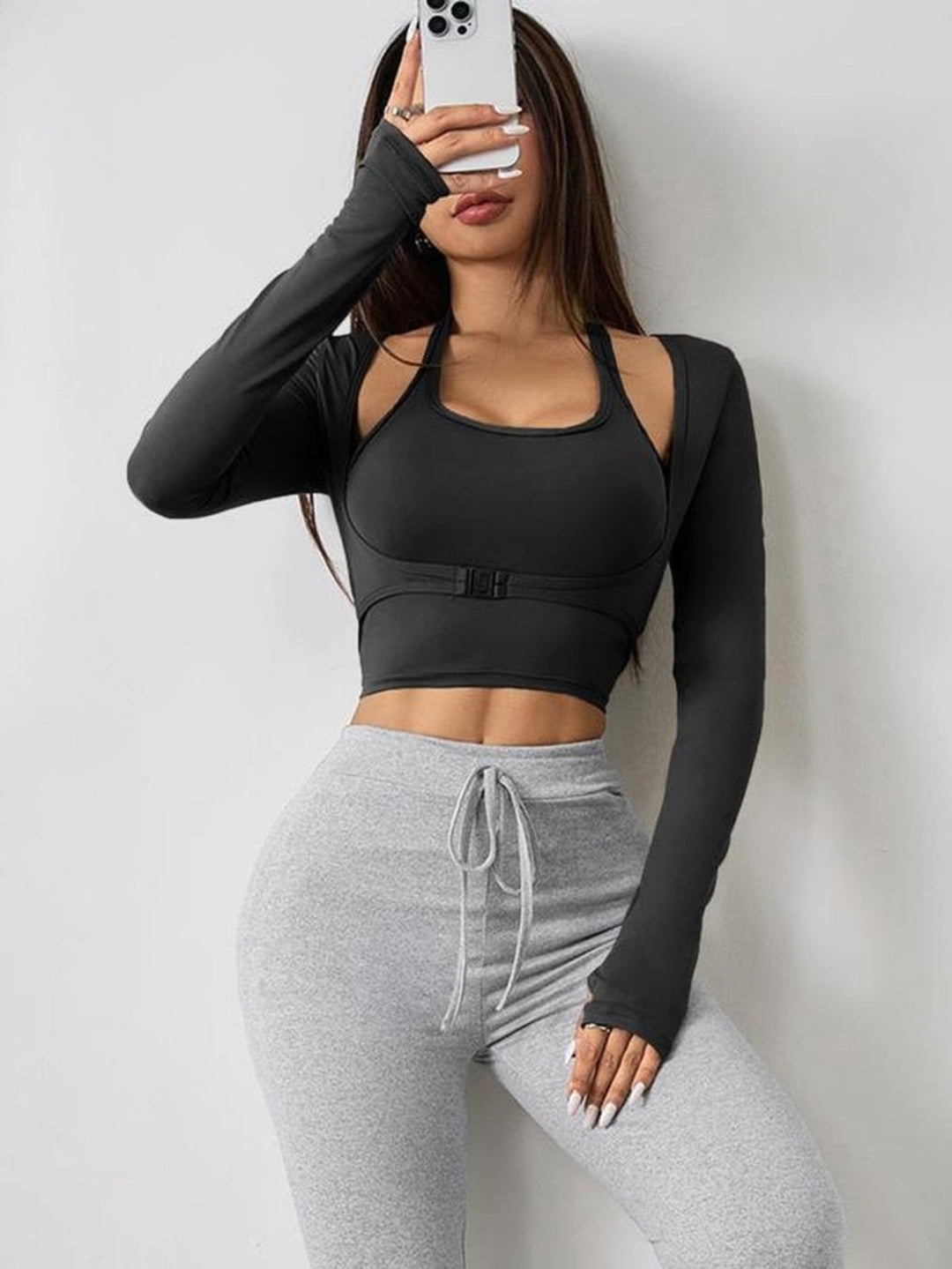 Women'S Solid Color Long Sleeve Thumb Hole Design Halter Neck 2 in 1 Sports Tee for Yoga Gym Workout, Ladies Sportswear for All Seasons
