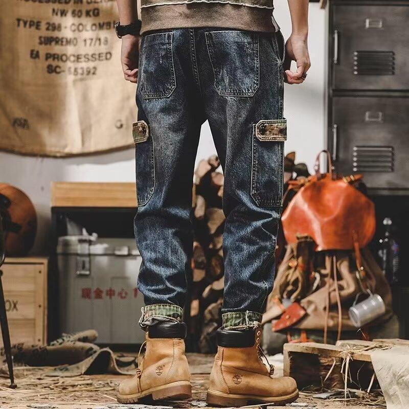 American-Style Heavy Distressed Cargo Jeans – Men’s Loose Fit