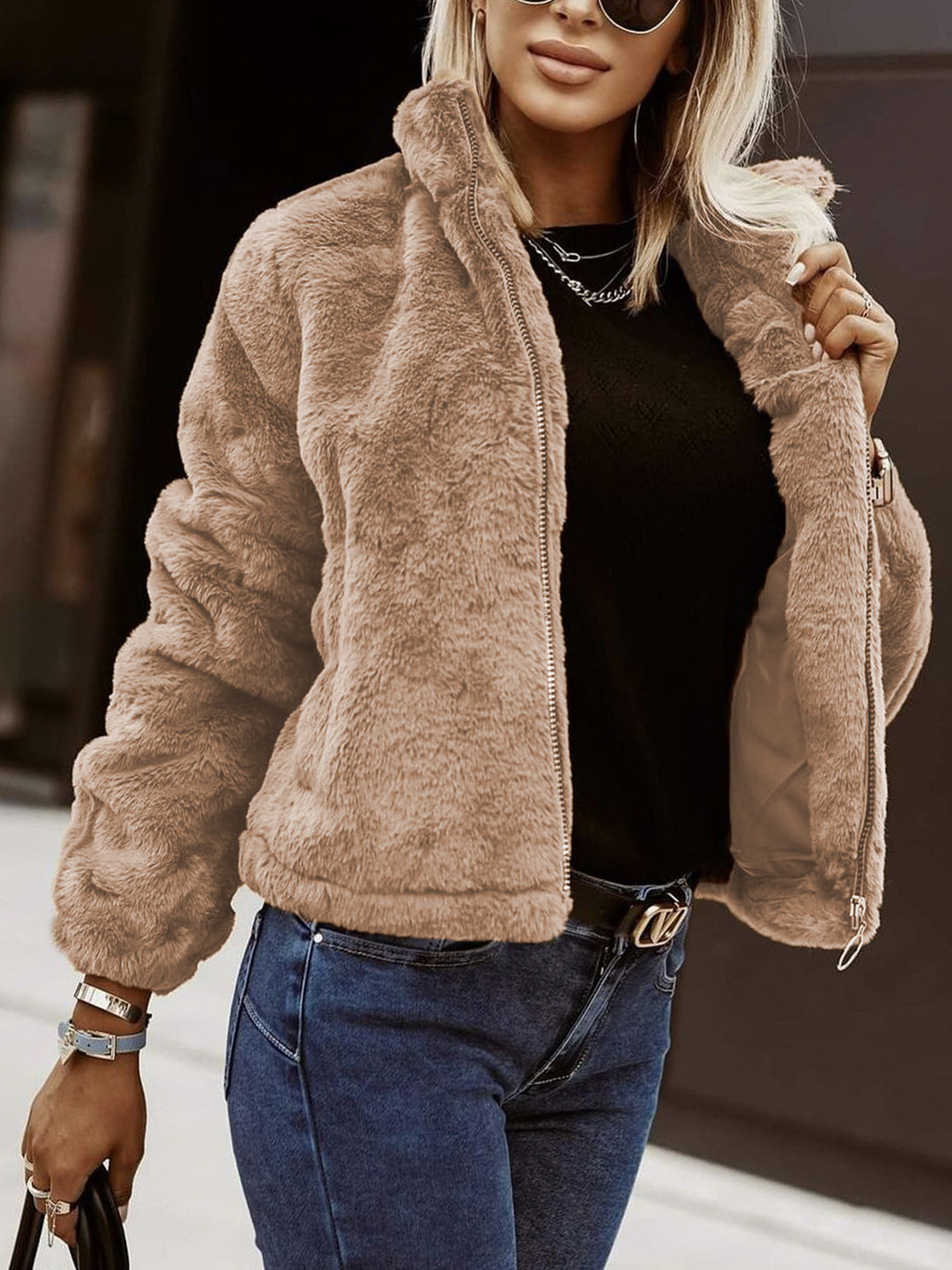 Rabbit Fur Faux Leather Zipper Cardigan