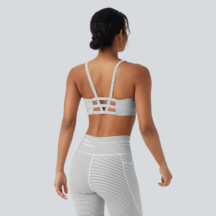 Halara 2-Piece Low Support U Neck Cut Out Stripe Yoga Sports Bra & High Waisted Drawstring Striped Yoga Pants with Pockets Set