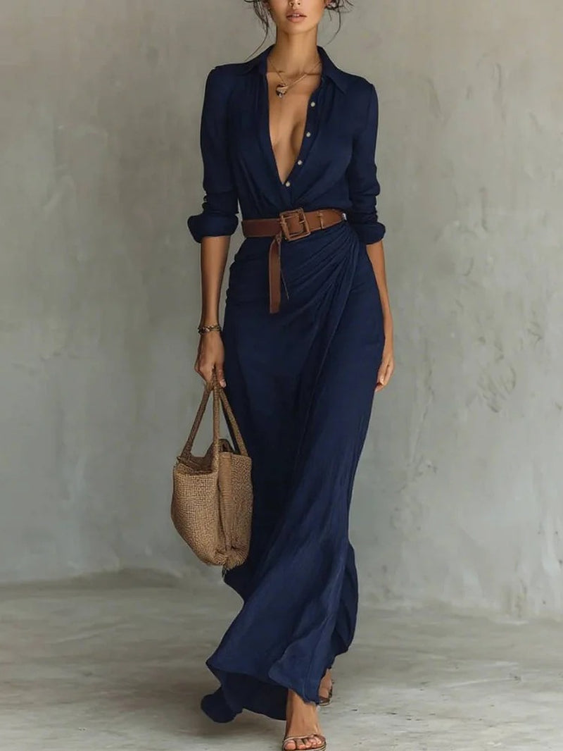Irregular Long Dress with Belt Fashion and Elegant Button Lapel Long-Sleeved Shirt Dresses Daily Office Commuting Clothing for Women