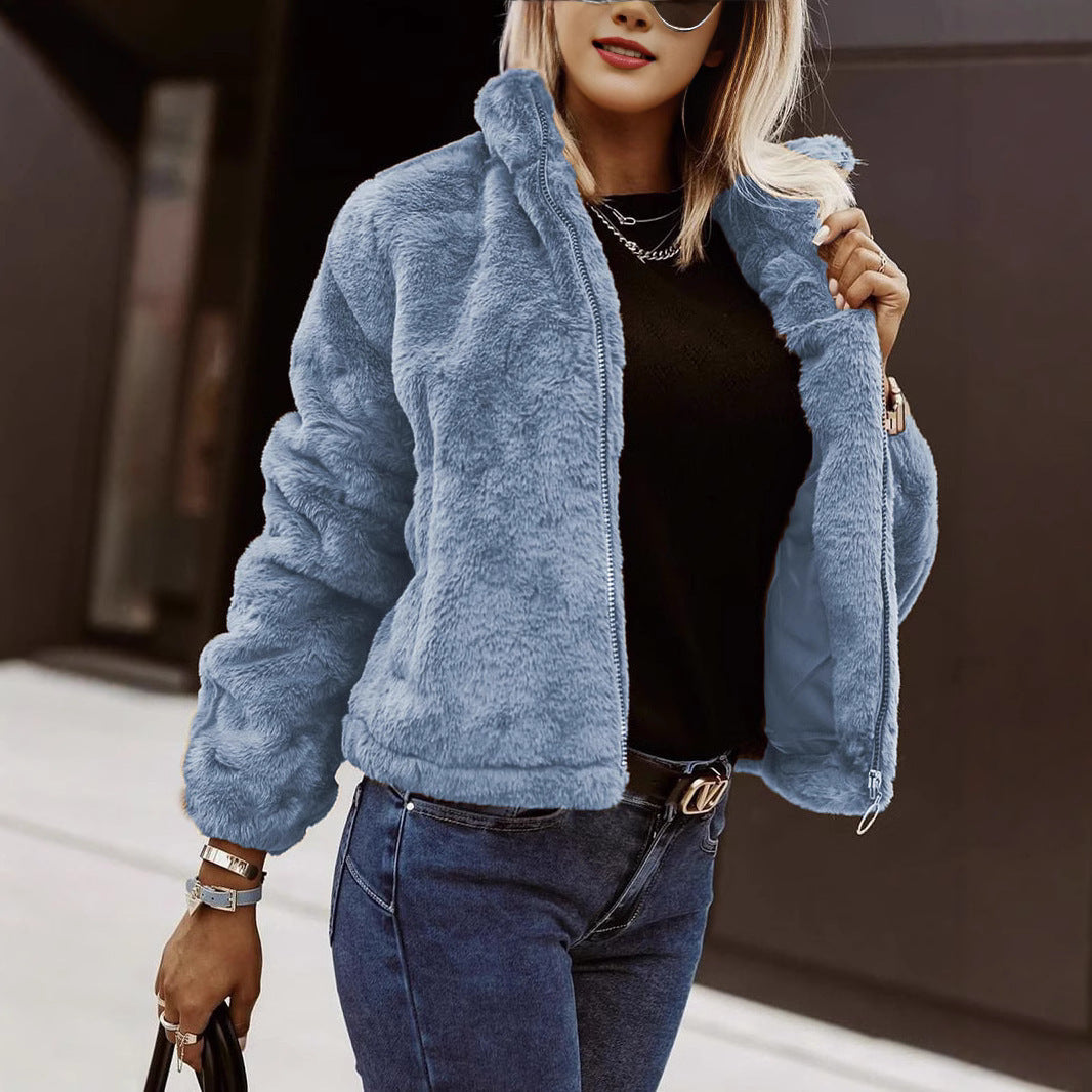 Rabbit Fur Faux Leather Zipper Cardigan