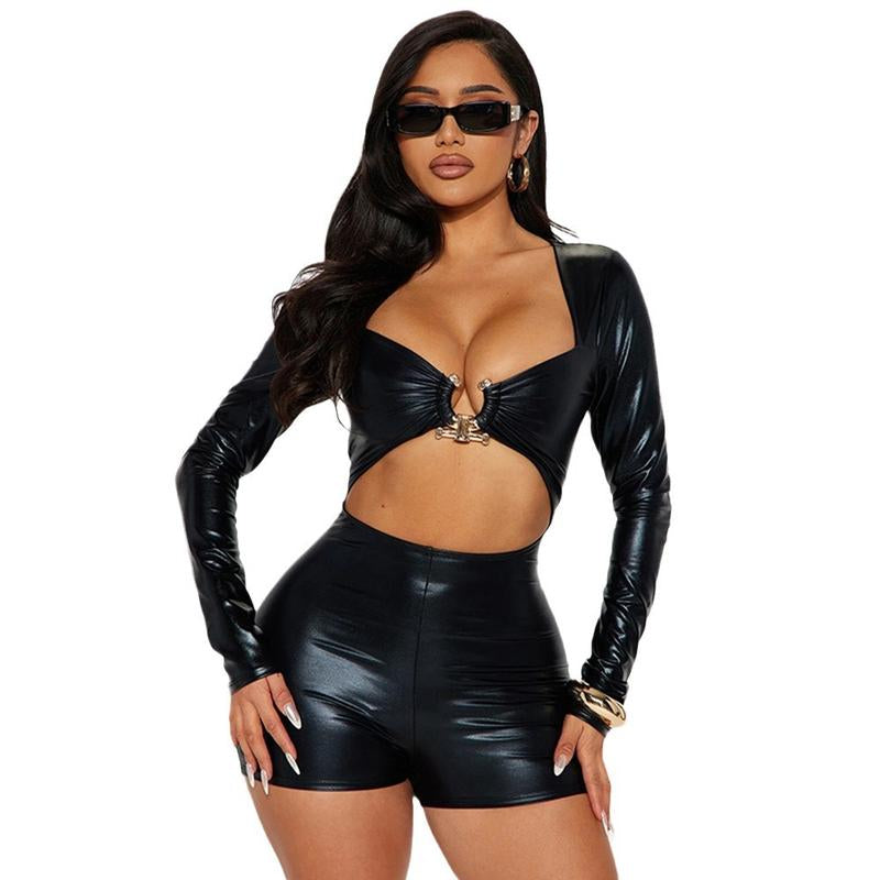 Motorcycle Hollow-Out Navel Sexy Long Sleeve Jumpsuit Leather Soft Womenswear Bodysuit