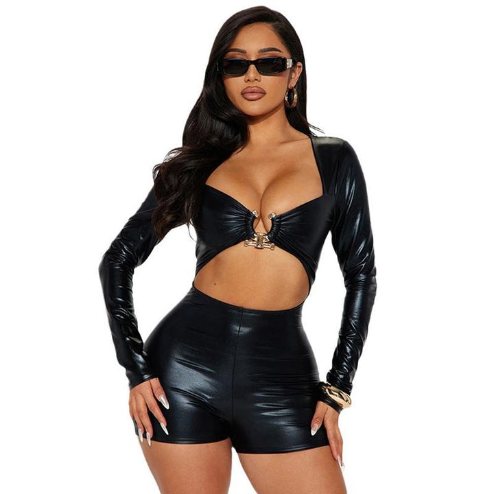 Motorcycle Hollow-Out Navel Sexy Long Sleeve Jumpsuit Leather Soft Womenswear Bodysuit