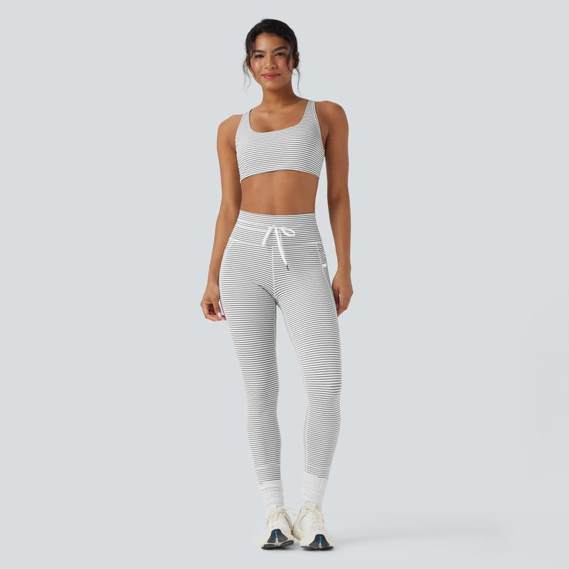 Halara 2-Piece Low Support U Neck Cut Out Stripe Yoga Sports Bra & High Waisted Drawstring Striped Yoga Pants with Pockets Set