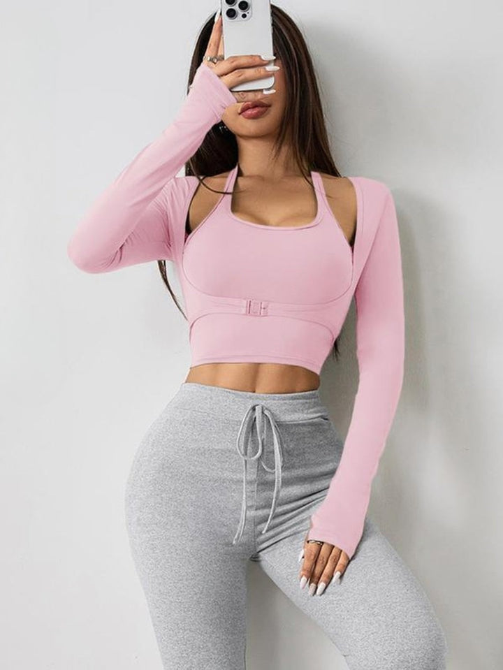 Women'S Solid Color Long Sleeve Thumb Hole Design Halter Neck 2 in 1 Sports Tee for Yoga Gym Workout, Ladies Sportswear for All Seasons