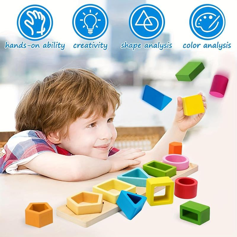 1 Set Color Sorting & Stacking Toy, Wooden Shape Sorter Building Blocks, Colorful Color Recognition Shape Classification Educational Blocks Toy for Kid