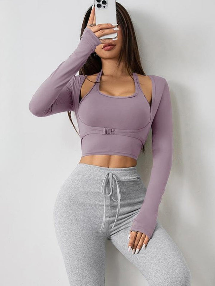 Women'S Solid Color Long Sleeve Thumb Hole Design Halter Neck 2 in 1 Sports Tee for Yoga Gym Workout, Ladies Sportswear for All Seasons