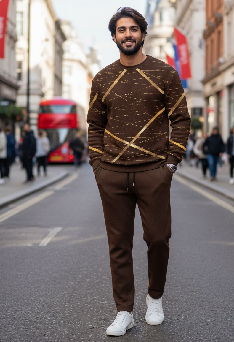 Casual top met kroonprint hoge hals lange set bruin