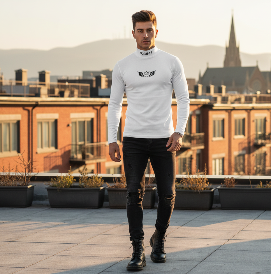 Casual top met kroonprint hoge hals wit