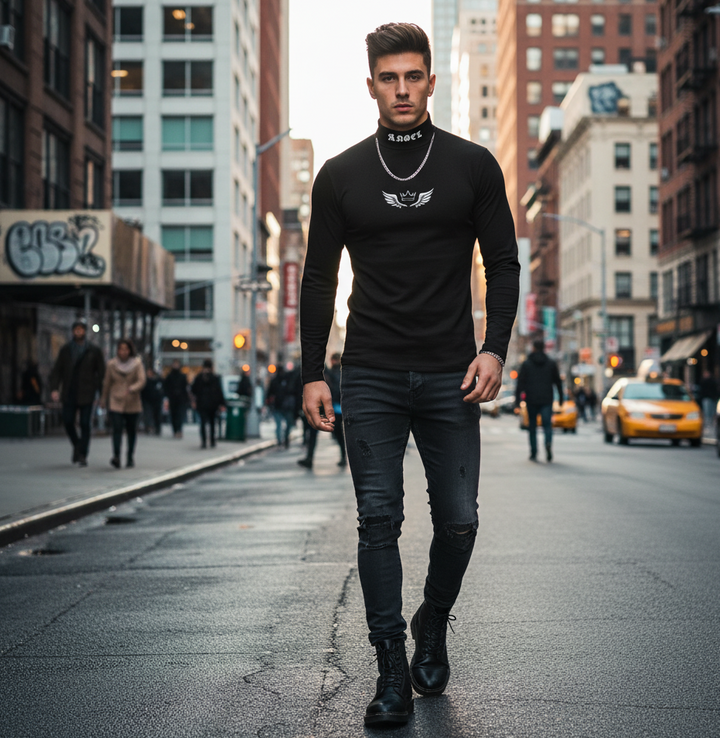 Casual top met kroonprint hoge hals zwart