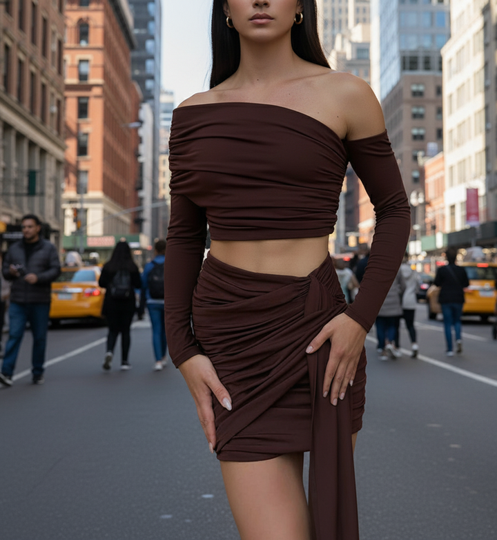 Damesschouderrok met lange mouwen bruin