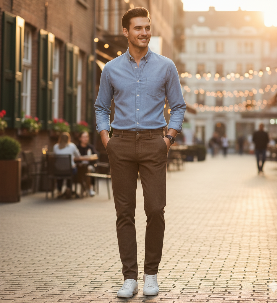 Heren broek met fleece voering slim fit tapered bruin