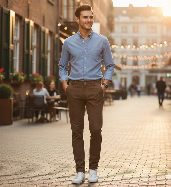 Heren broek met fleece voering slim fit tapered bruin