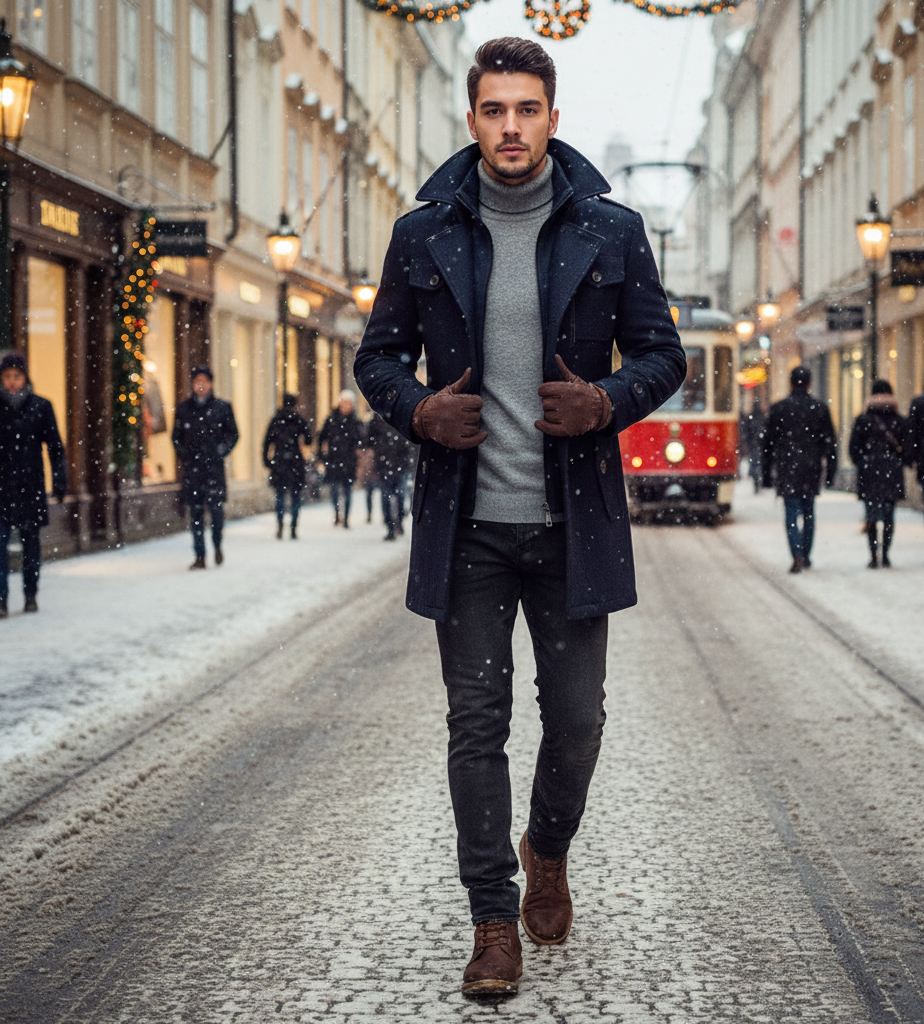 Men's Woolen Coat Fashion Double Collar Cold-resistant blauw