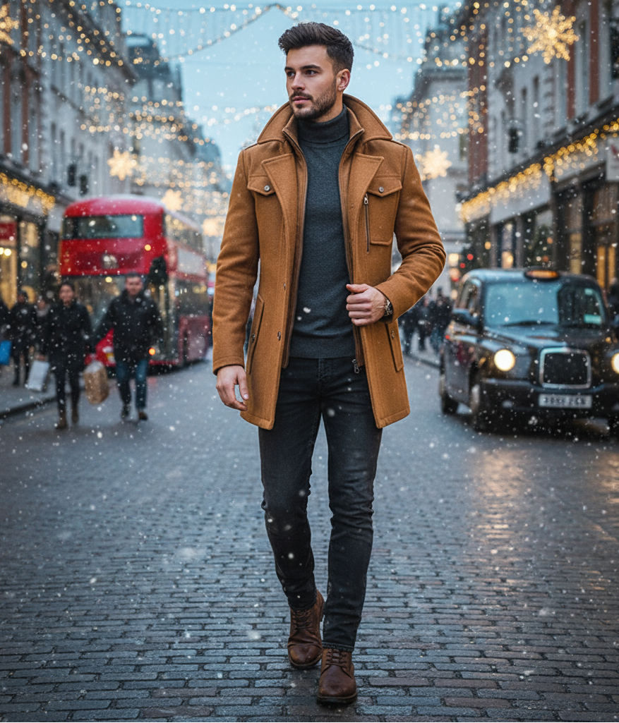 Men's Woolen Coat Fashion Double Collar Cold-resistant bruin