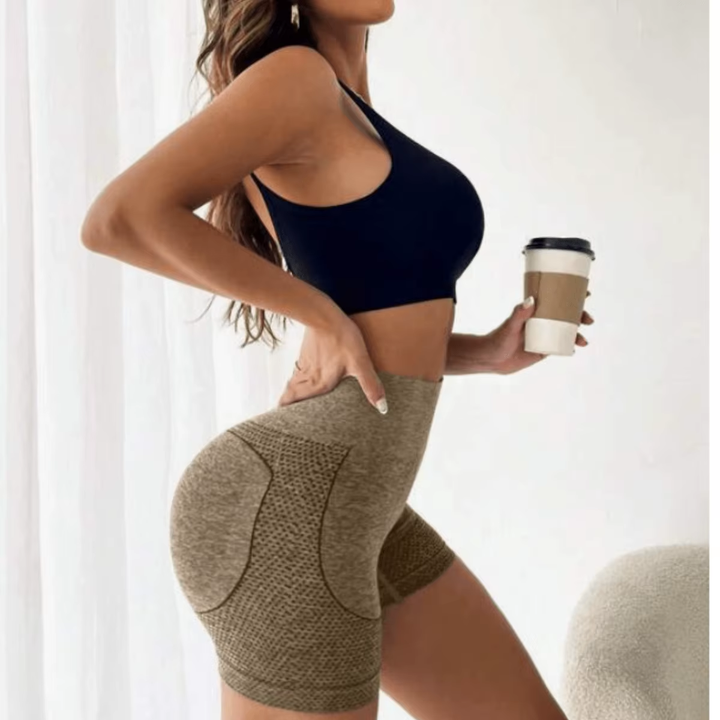 Dames yogashort met brede tailleband en space-dye print