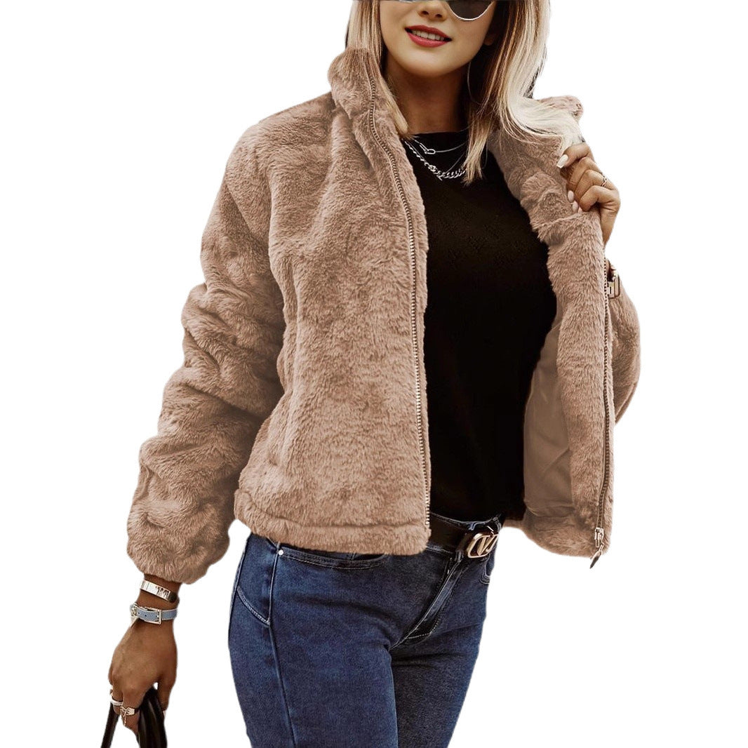 Rabbit Fur Faux Leather Zipper Cardigan