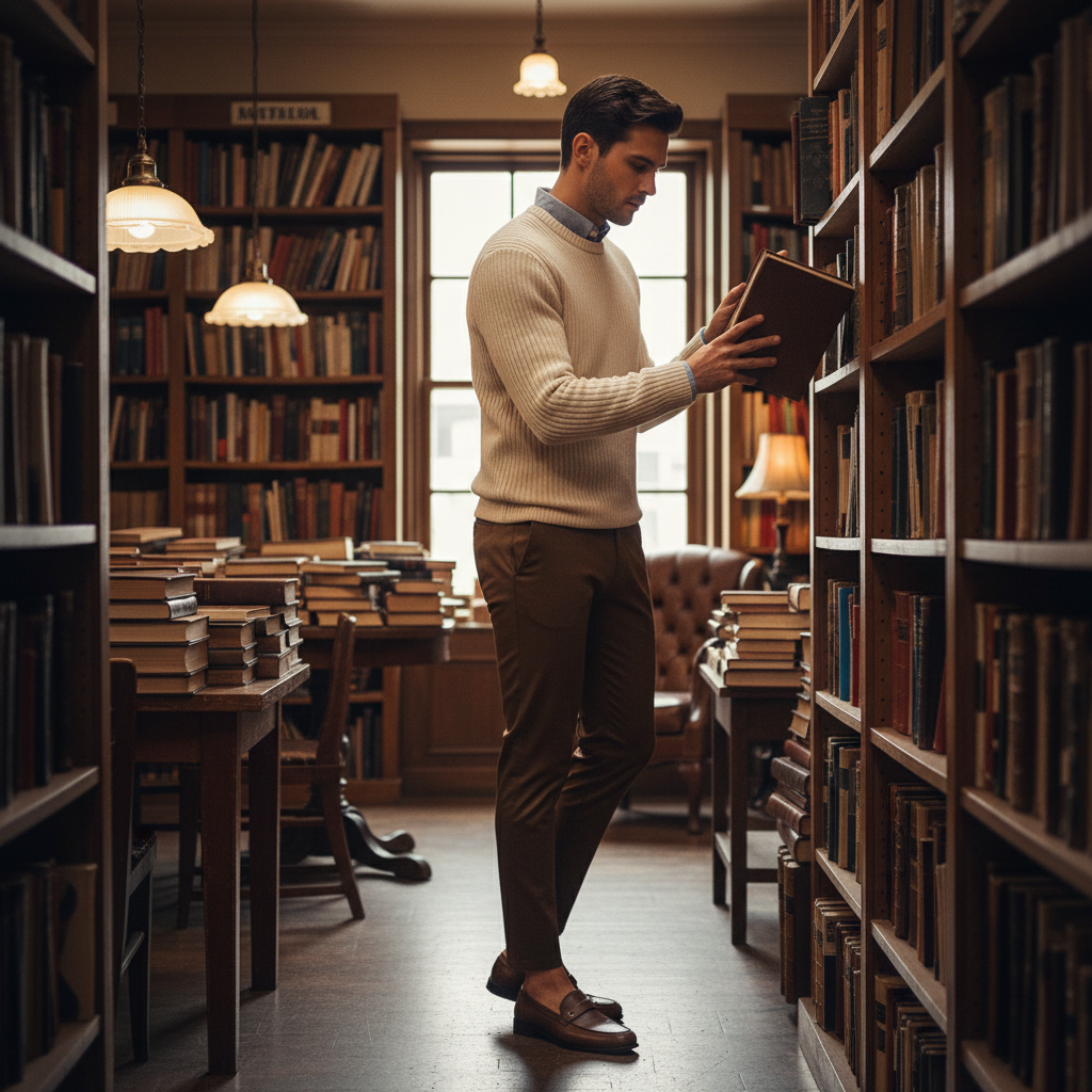 Brown pants bookstore