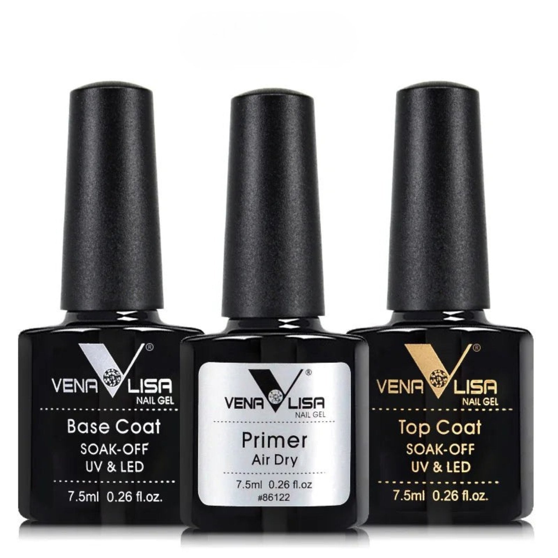 Nail Gel Polish Kit Functional Gel No-Acid Primer Base Coat Soak off UV LED Long Wear No Wipe Tempered Topcoat 7.5Ml