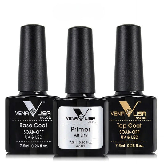 Nail Gel Polish Kit Functional Gel No-Acid Primer Base Coat Soak off UV LED Long Wear No Wipe Tempered Topcoat 7.5Ml