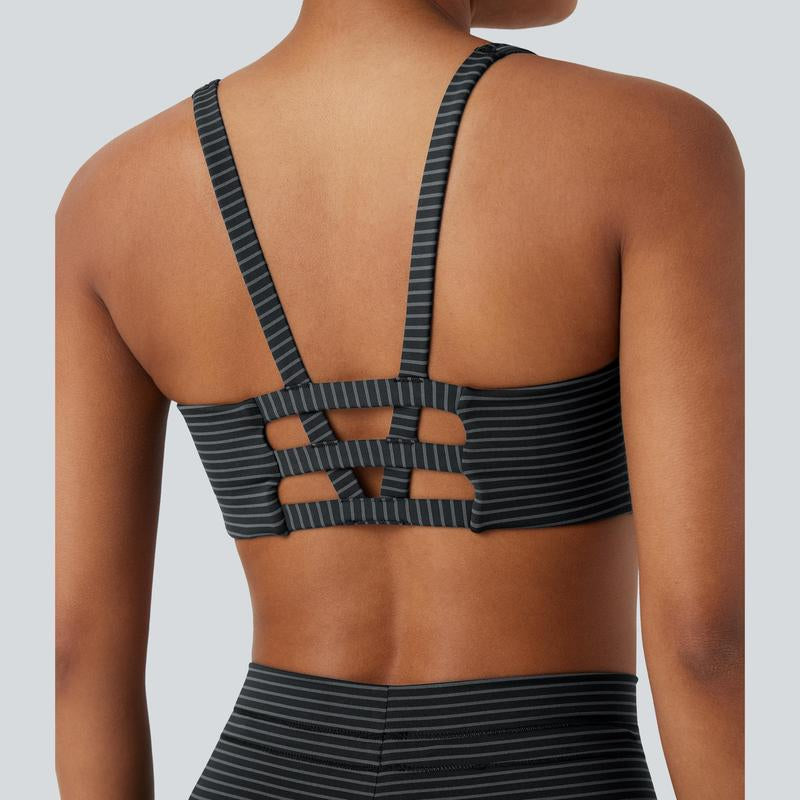 Halara 2-Piece Low Support U Neck Cut Out Stripe Yoga Sports Bra & High Waisted Drawstring Striped Yoga Pants with Pockets Set