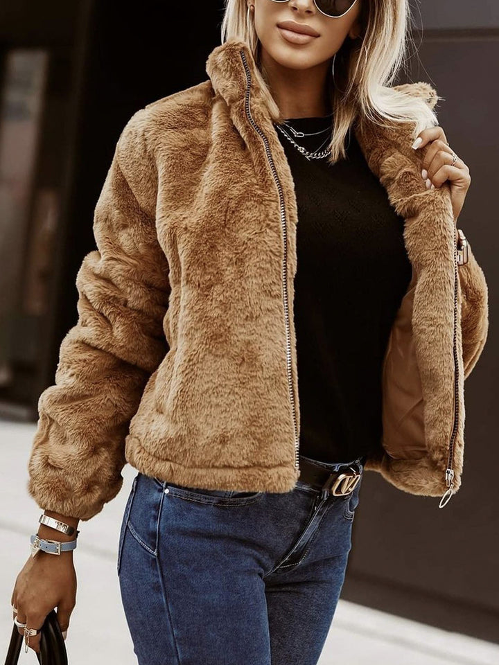 Rabbit Fur Faux Leather Zipper Cardigan