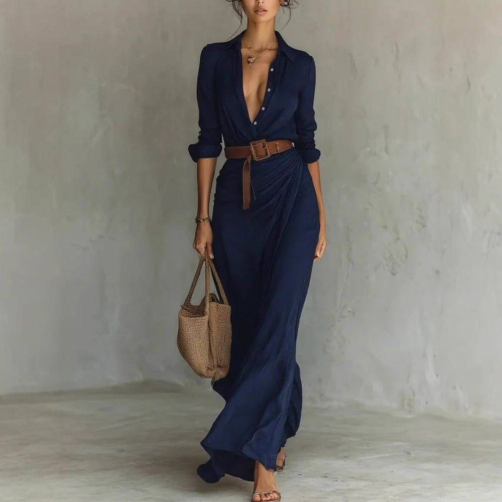 Irregular Long Dress with Belt Fashion and Elegant Button Lapel Long-Sleeved Shirt Dresses Daily Office Commuting Clothing for Women