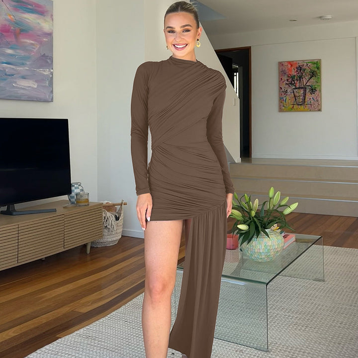 Elegante Jurk met Plooien en Drape-Detail - Slim Fit Lange Mouwen